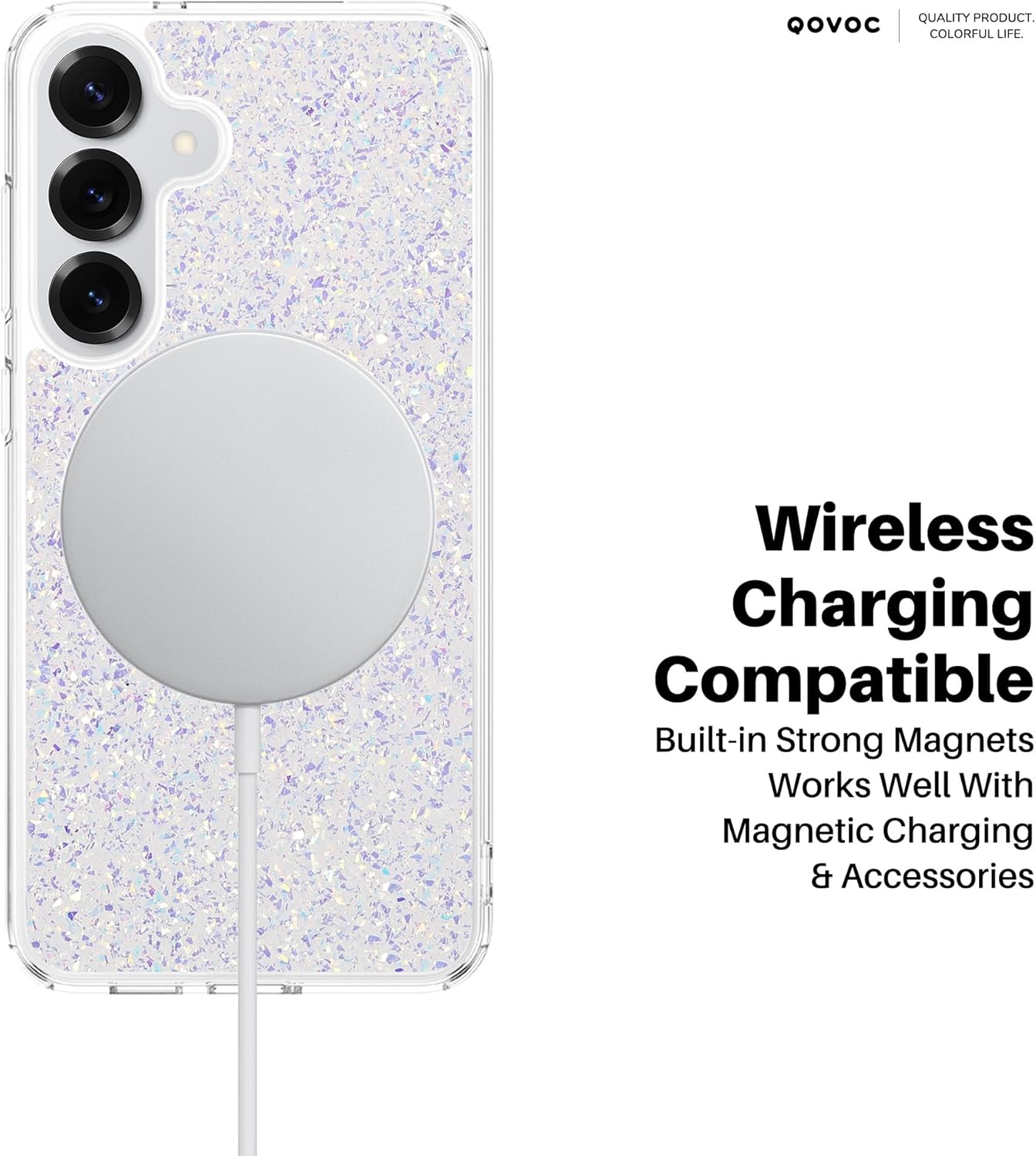 Clear Glitter for Samsung Galaxy S24 Case, Wireless Charging Compatible, Magnetic Protective Phone Cover for Galaxy S24, Silver Glitter, Cassiopeia