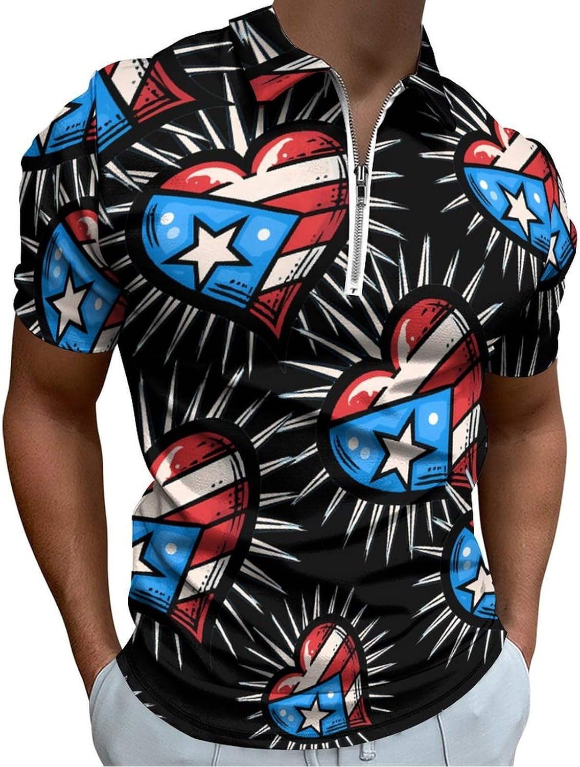 Puerto Flag Heart Men's Polo Shirts Golf Short Sleeve Tops | Casual Workout,Golf T-Shirt,Zippered Tee,Collared,Print