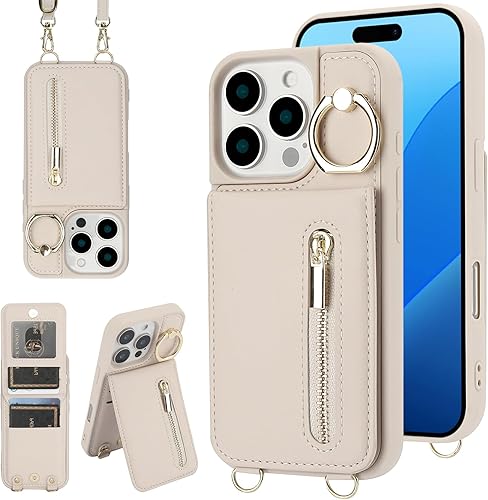 Funda tipo cartera para iPhone 16 Pro Max con correa, tarjetero y soporte de anillo de bloqueo RFID, cierre magnético, con cremallera, con cordón,
