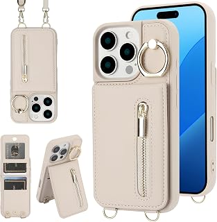 for iPhone 16 Pro Max Wallet Case with Strap Card Holder RFID Blocking Ring Kickstand,Magnetic Flip Folio Zipper Crossbody Purse Case with Lanyard, PU Leather Cover Handbag,Beige