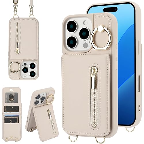 Crossbody Wallet Case for iPhone 12 Pro Max with Lanyard Strap Card Slot Holder RFID Blocking 360°Ring Kickstand,Magnetic Flip Folio Zipper Purse Case, PU Leather Cover Handbag,Beige