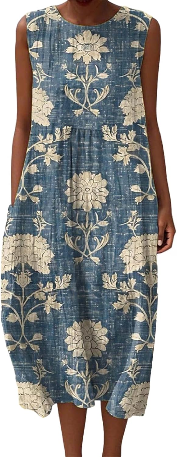 Women's Vintage Floral Print Casual Dress 2025 New Sleeveless Floral Flowy Long Dresses Summer Outfits