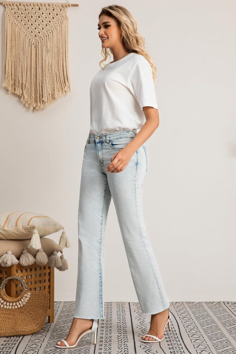 Women's High Waisted Bootcut Jeans Wide Leg Raw Hem, Stretchy Comfort Fit & Flattering - Image 4