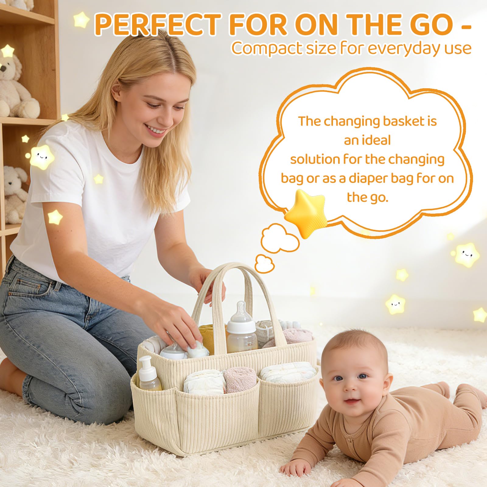 Panier à langer en velours côtelé pour table à langer, organiseur de couches pour bébé avec compartiments interchangeables, panier de rangement élégant pour chambre d'enfant (Blanc cassé)