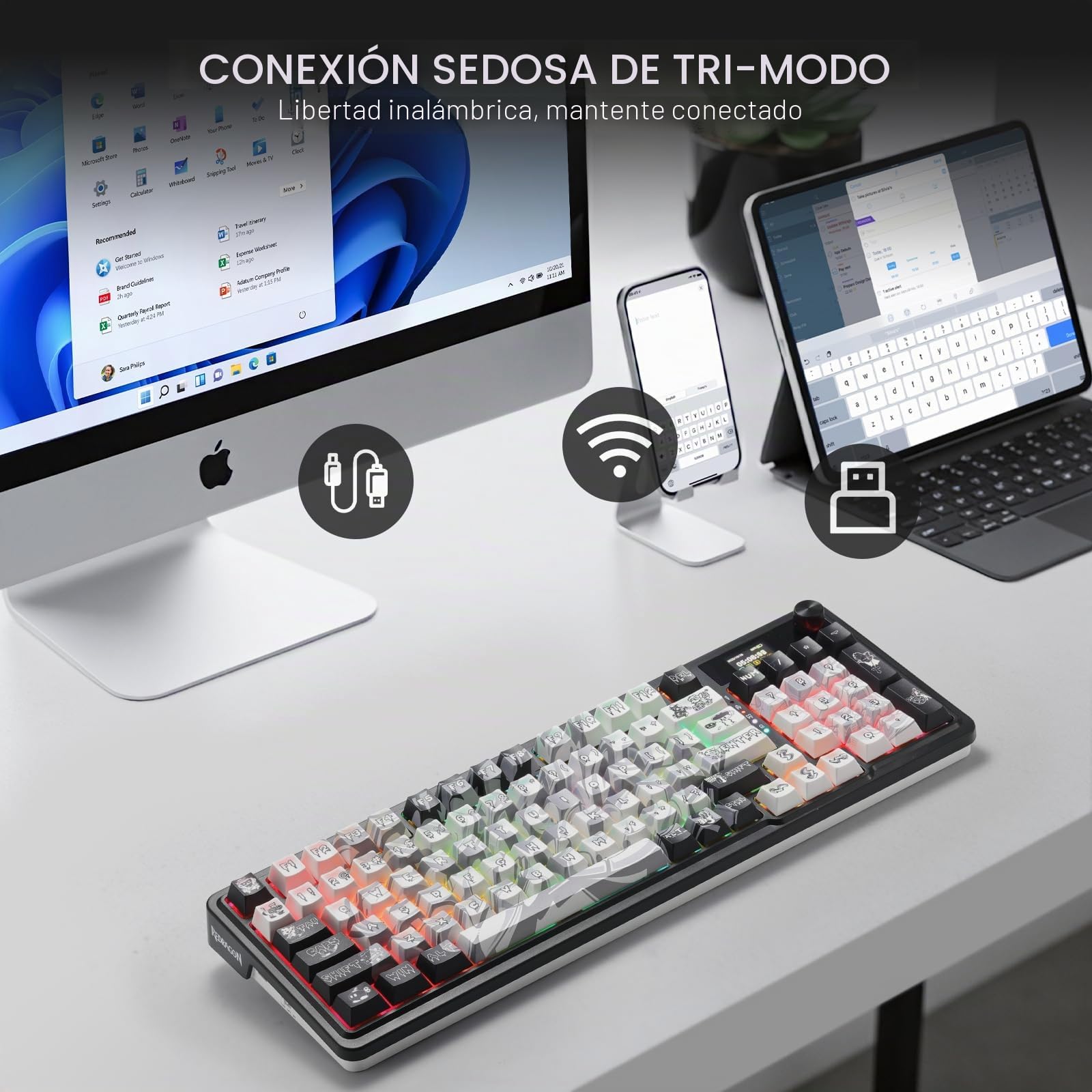 Redragon K719 Pro Teclado Gaming Inalámbrico Pantalla TFT Perilla 95 Teclas | Pantalla TFT 1.14 Pulgadas Fácil Control Amortiguación Ruido Mecánico Gasket Conexión Estable