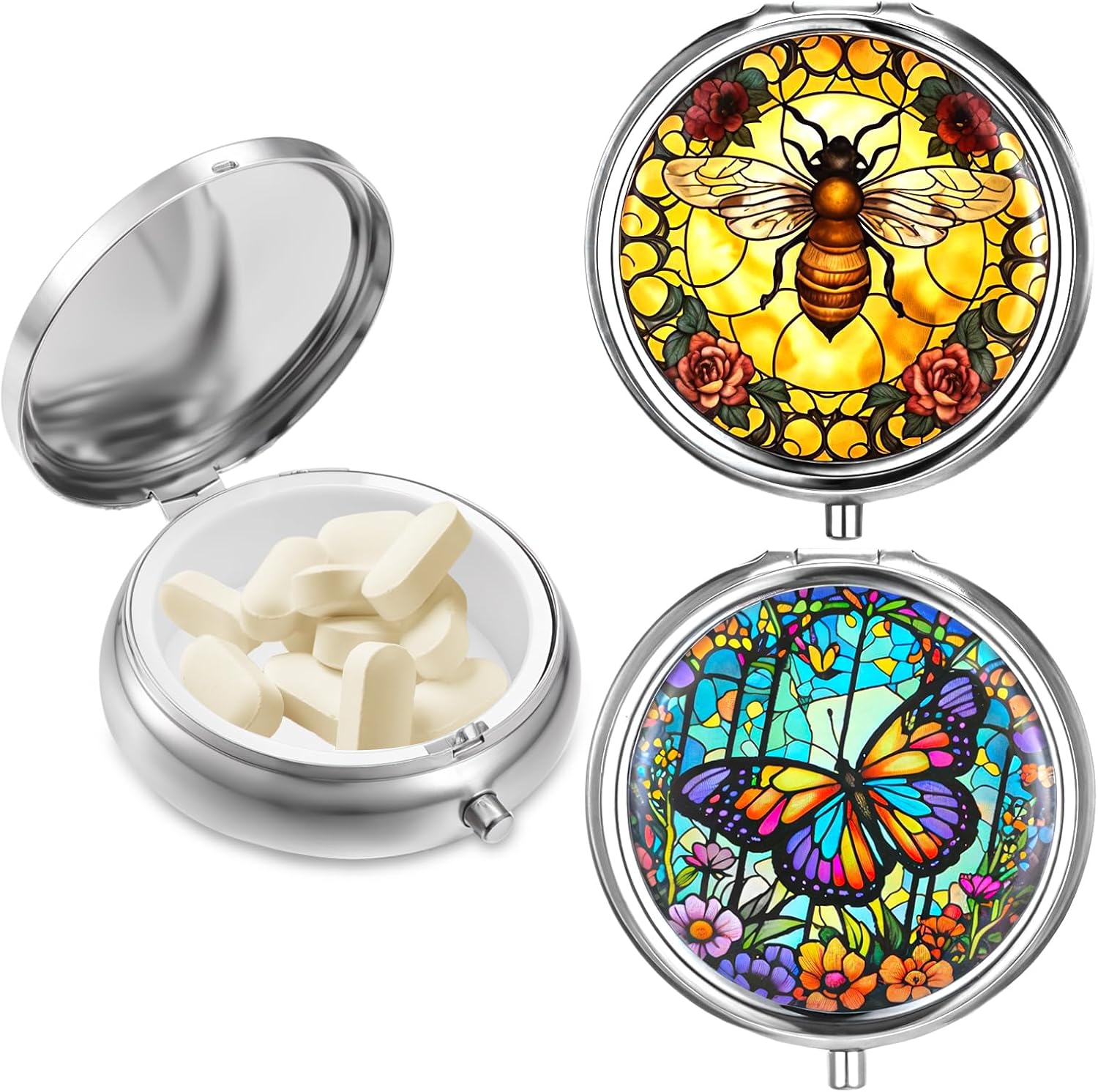 Sibba 2Pcs Portable Medicine Pill Case Moisture Proof Pocket Pill Organizer Dispenser Cute Compact Nice Tablet Box Bee&Butterfliy Medicine Pills Box Metal Pillbox with Mirror for Vitamins, Fish Oil