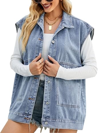 Perbai Womens Oversized Denim Vest Distressed Mid Long Sleeveless Jean Jacket Waistcoat with Pockets