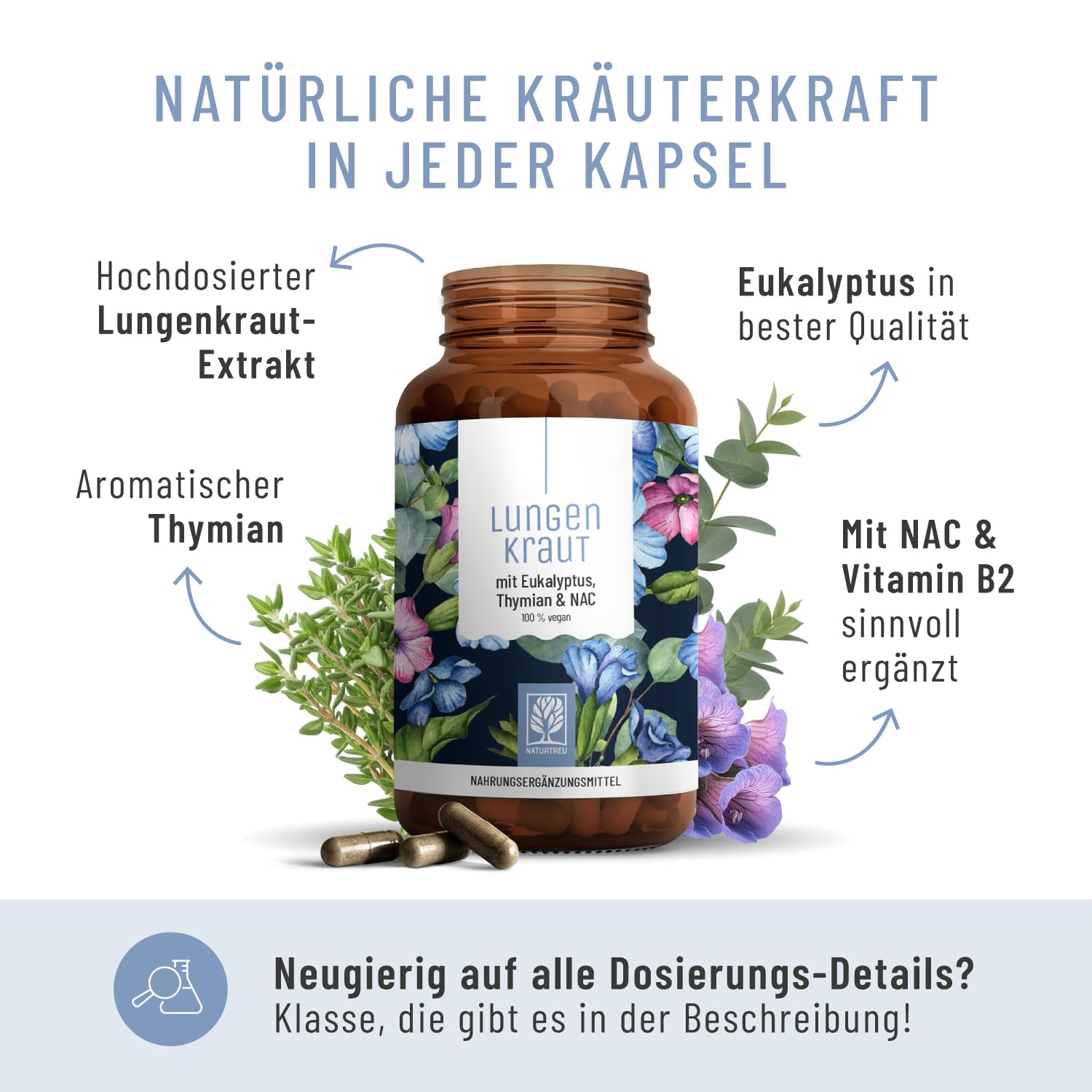 NATURTREU Lungenkraut Kapseln - Extrakt aus 3.000mg Lungenkraut pro Tagesdosis - Hochdosiert und optimal ergänzt mit Thymian, Eukalyptus, NAC & Vitamin B2 - Vegan & Laborgeprüft in Deutschland