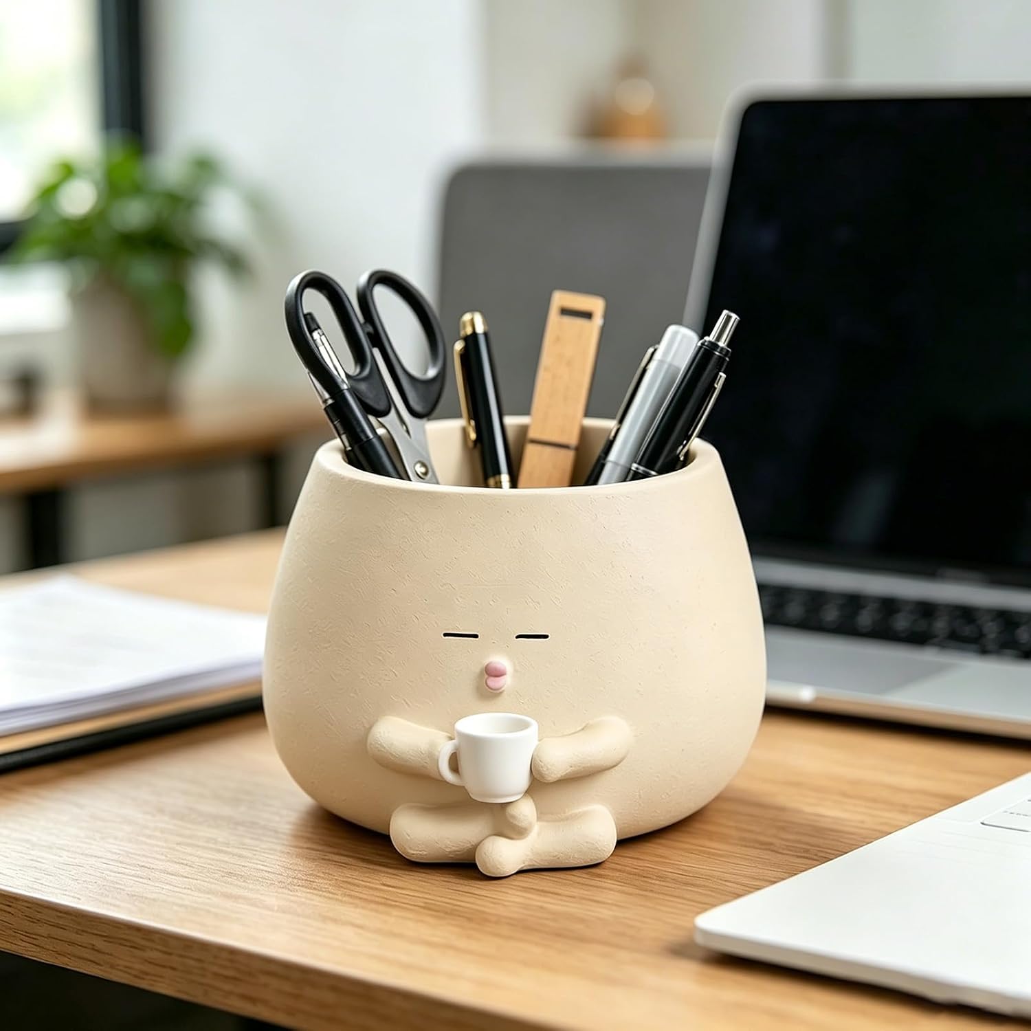 Head Planter with Coffee Cup, Resin Face Planter Pot with Drainage Hole, Unique Decorative Flower Planter for Indoor Outdoor Home Office Desk Decor (Khaki) image 4