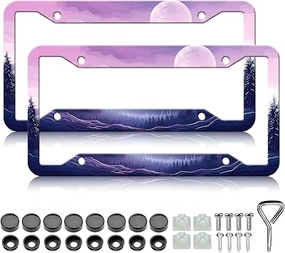 Forest License Plate Frame - 2PCS Anime Moon Night Forest Aluminium Metal License Plate Holder, Rust-Proof Waterproof Car Decorative Tag Frames