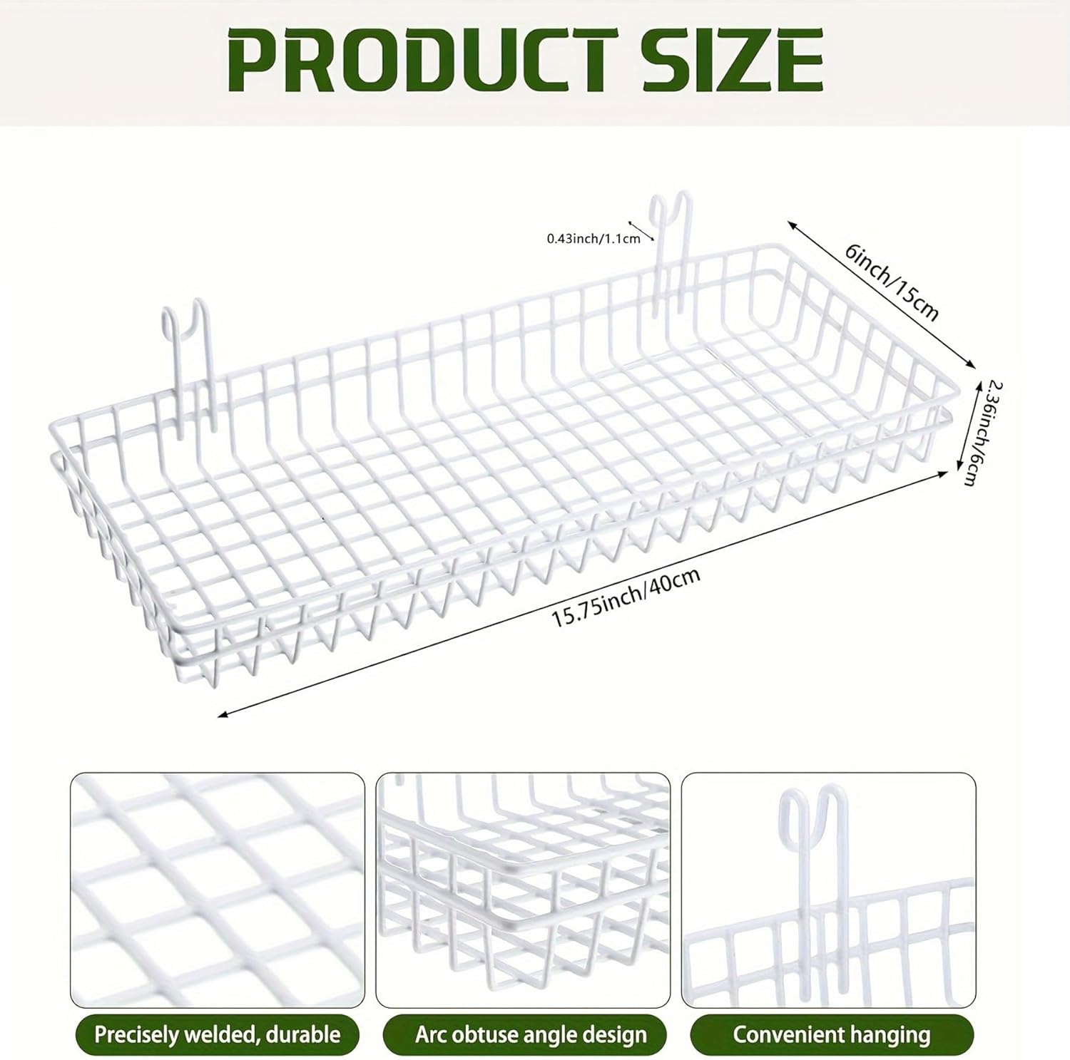 4 Pack 15.75 x 6 x 2.36 Inch Metal Grid Wall Baskets with Hooks, Hanging Wire Grid Basket, Multi-Function Wall Mounted Organizer for Kitchen Organizing Display, White