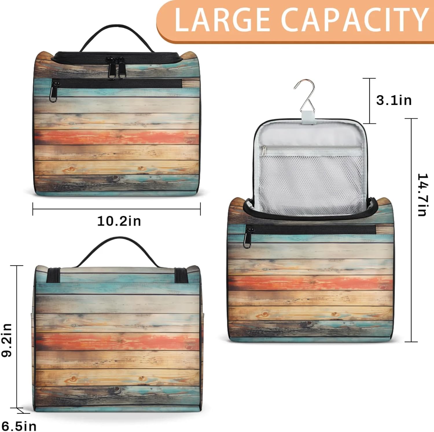 cfpolar Toiletry Bag for Women, Retro Summer Wooden Beach Hanging Travel Toiletry Bag, Water-resistant Cosmetic Makeup Organizer for Toiletries and Cosmetics, Bathroom Shower Bag with Handle and Hook