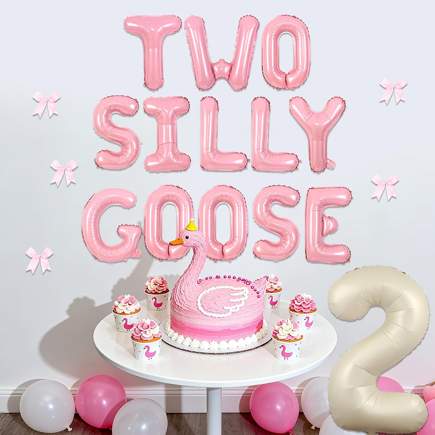 Two Silly Goose Birthday Decorations Pink Bow Geese Banner Two Silly Goose Number 2 Foil Balloons with Ribbon Bows Kit for Girls 2nd Birthday Party Supplies image 3