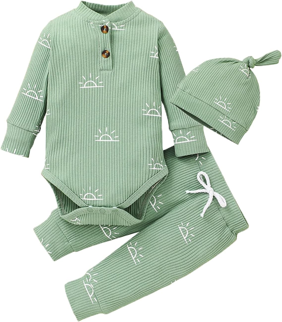DerouetkiaBaby Boys Clothes Newborn Ribbed Long Sleeve Romper with Sun Pattern + Pants + Hat Outfits Set
