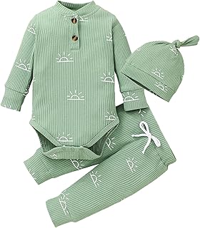 Derouetkia Baby,Clothing,Baby Boys 0-24m,Outfits & Clothing Sets Derouetkia Baby Boys Clothes Newborn Ribbed Long Sleeve Romper with Sun Pattern + Pants + Hat Outfits Set