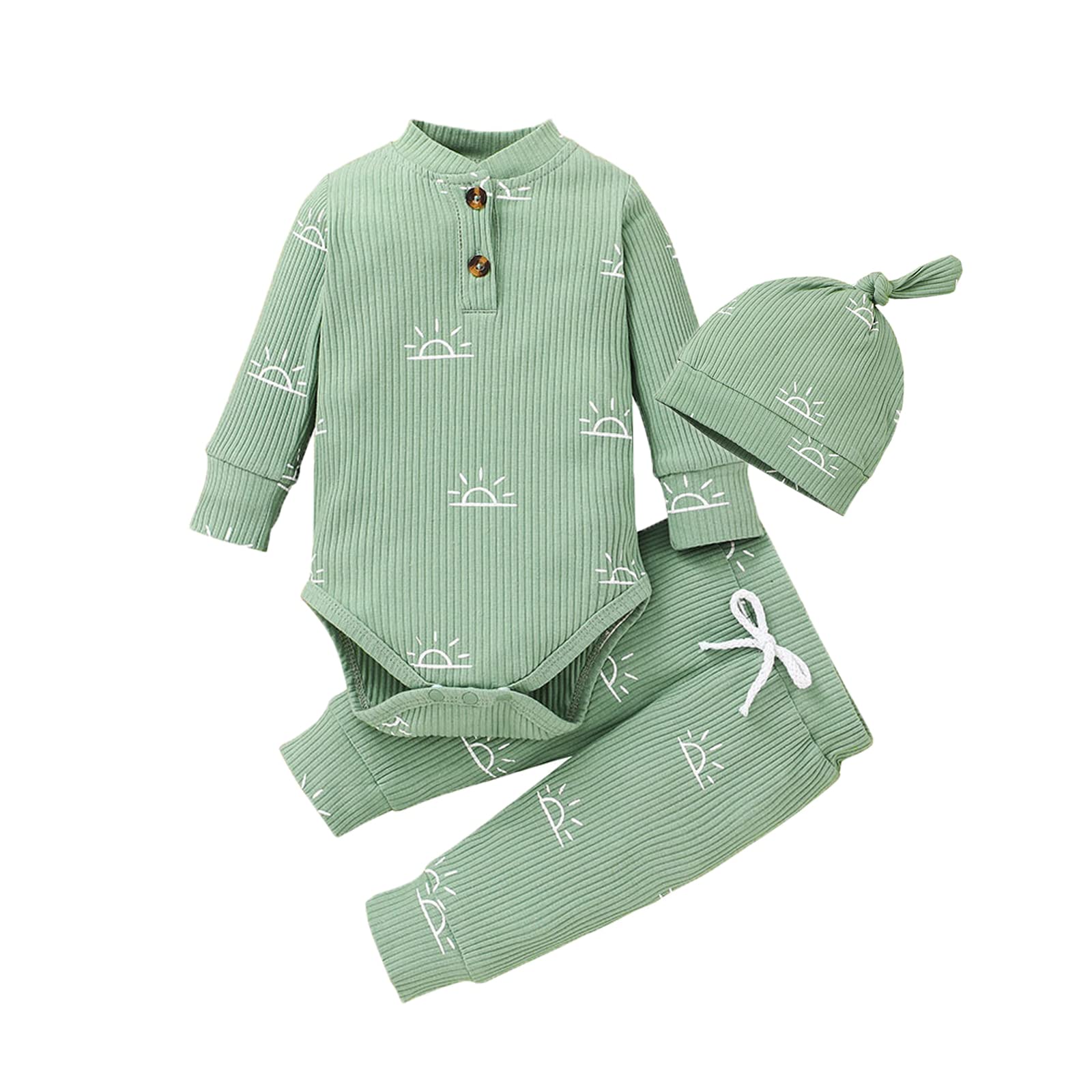 DerouetkiaBaby Boys Clothes Newborn Ribbed Long Sleeve Romper with Sun Pattern + Pants + Hat Outfits Set