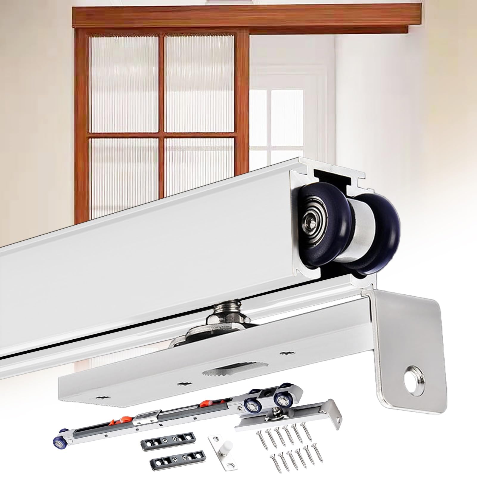 EBZFASO Sliding Door Track, Bypass Sliding Door Soft Close Track Kit(Silver-white,210cm/6.9ft)