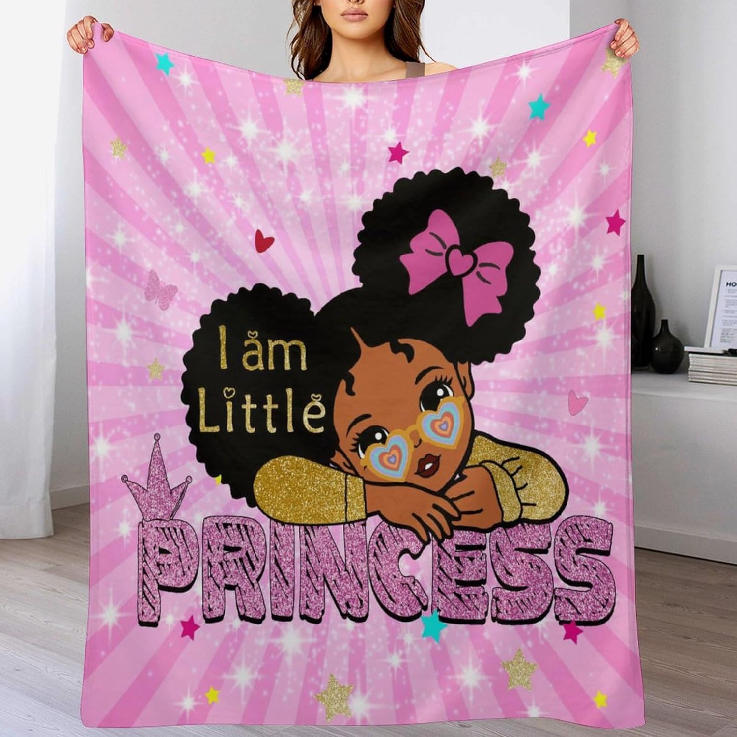 African Black Girl Blanket Cartoon Fantasy Pink Star Butterfly Princess Girl Print Blanket for Girls Kids Room Nursery Couch Sofa Bed Decorative Gifts 30x40