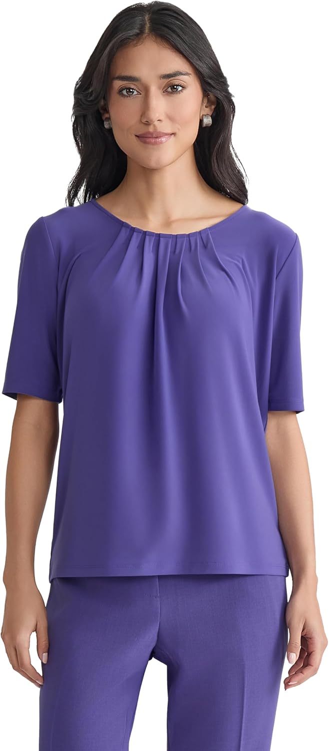Kasper Women's Pleated Neck Short Sleeve Top