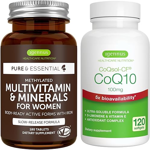 Multivitamínico y minerales para mujeres + CoQ10 de alta absorción 100 mg 120 cápsulas blandas paquete energético, multivitamínico avanzado de