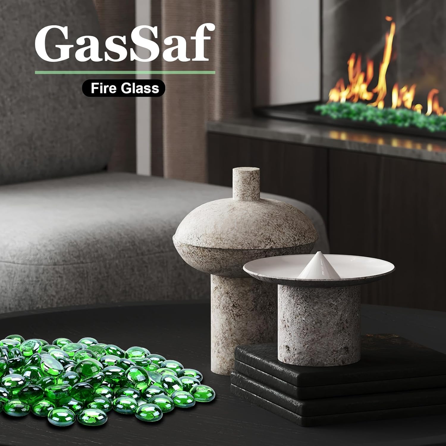 GasSaf Blue Fire Glass Beads for Outdoor Fire Pit, Fireplace, Replaces Existing Gas Logs & Lava Rocks, 3/4 Inch Glass(20 Pound)(Light Green)