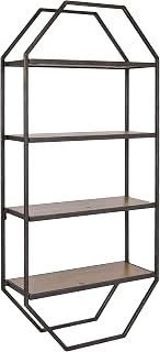 Kate and Laurel Adela Modern Farmhouse Octagon Folding Shelf; 19 x 41; Brown and Antique Black; Unique Geometric 4-Tier Floating Shelf with Folding Design for Small Spaces
