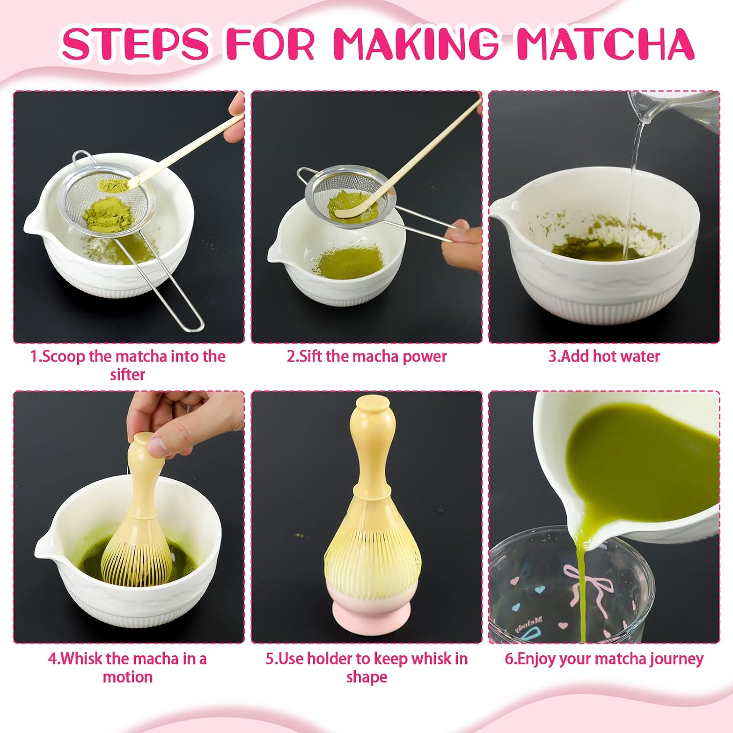 Matcha Making Kit Gifts for Teen Girls, Birthday Gift for Teenage Girl Ages 10 11 12 13 14 15 16 18, Tween Girl, Girlfriend, Woman Gift Basket Stuffers with Whisk Set, Pink Bowl, Glass