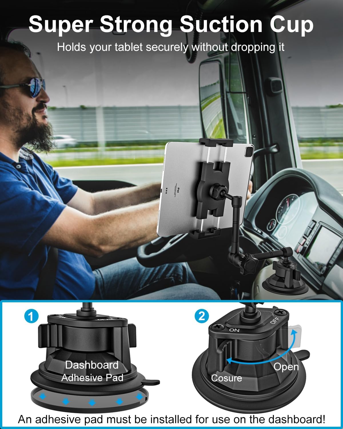 GDZN Suction Cup Tablet Mount for Car, Dashboard Windshield Tablet Holder for Truck/Pickup, Heavy Duty Metal Window iPad Mount for iPad Pro 12.9 Air Mini, Galaxy Tab, iPhone 17, 4.7-13" Devices