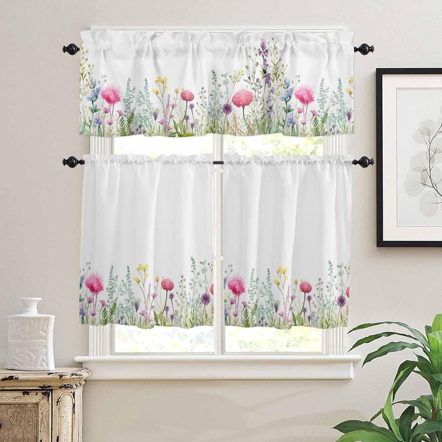 YOKOU Kitchen Curtains and Valances Set, Spring Flower Leaves Summer Watercolor Floral Wildflowers Short Rod Pocket 3 Pieces Window Curtain Set for Bedroom, Bathroom, 24 Inch Long