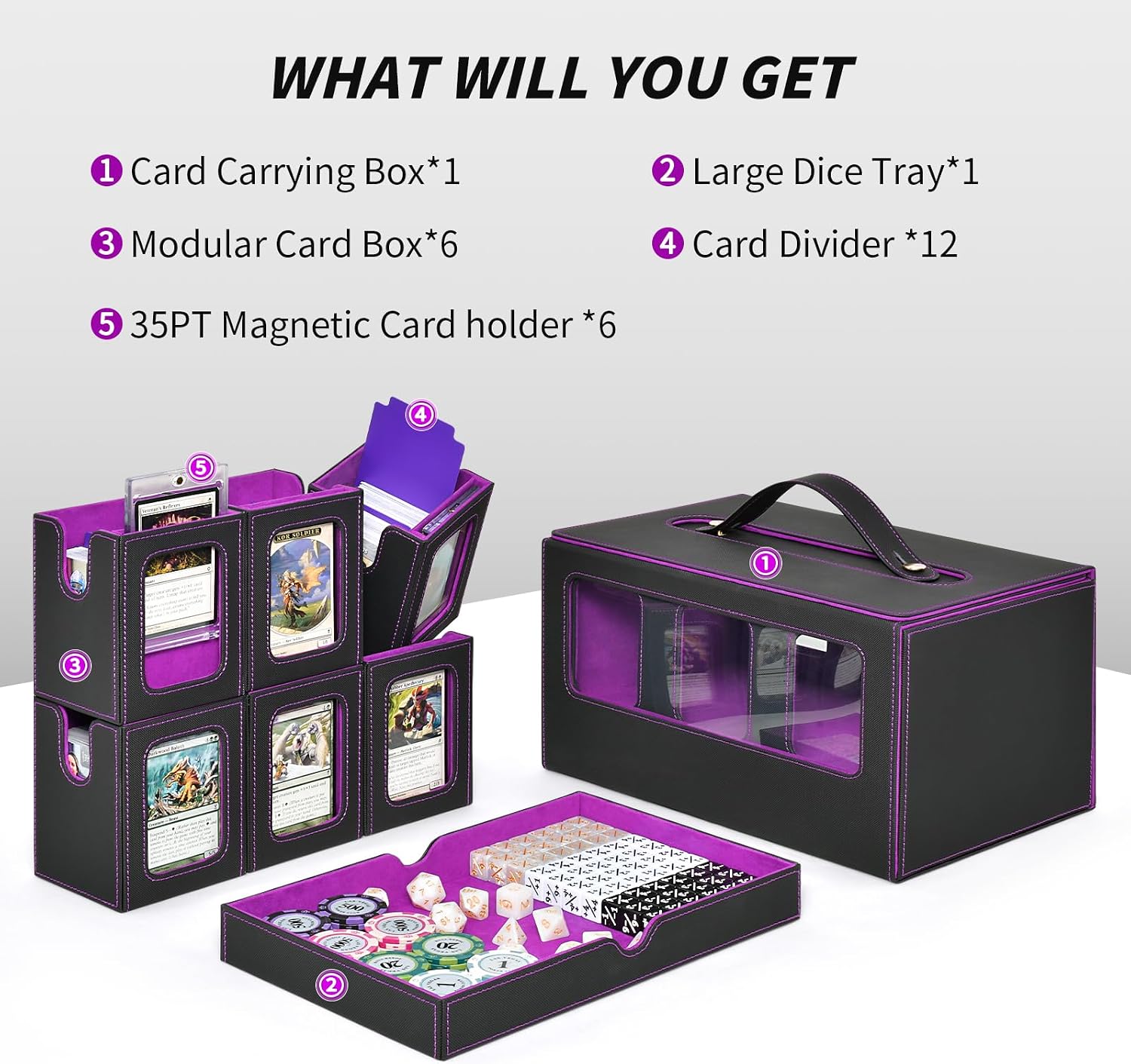 Commander Deck Box for MTG, Trading Card Storage Box Holds 600+ Double-Sleeved Cards, 7 IN 1 Removable Card Case with Dice Tray, Magnetic Card Holders for TCG/EDH/Sports Cards (Black Purple)