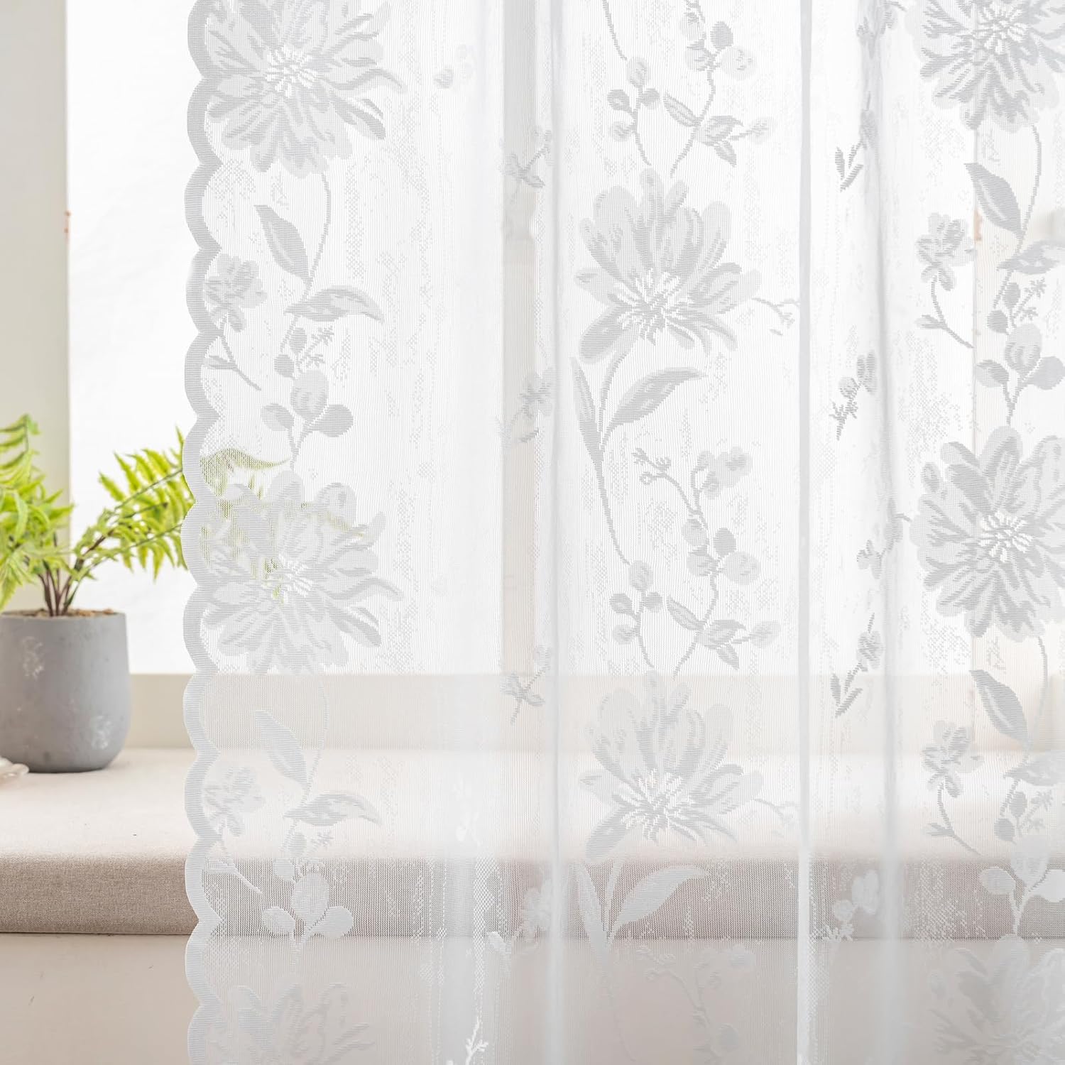 White Lace Curtains 84 Inches Long for Living Room Bedroom Victorian Floral Sheer Curtains Rod Pocket Light Filtering Western Blooming Flower Drapes for Dining Room French Window Decor, 52x84