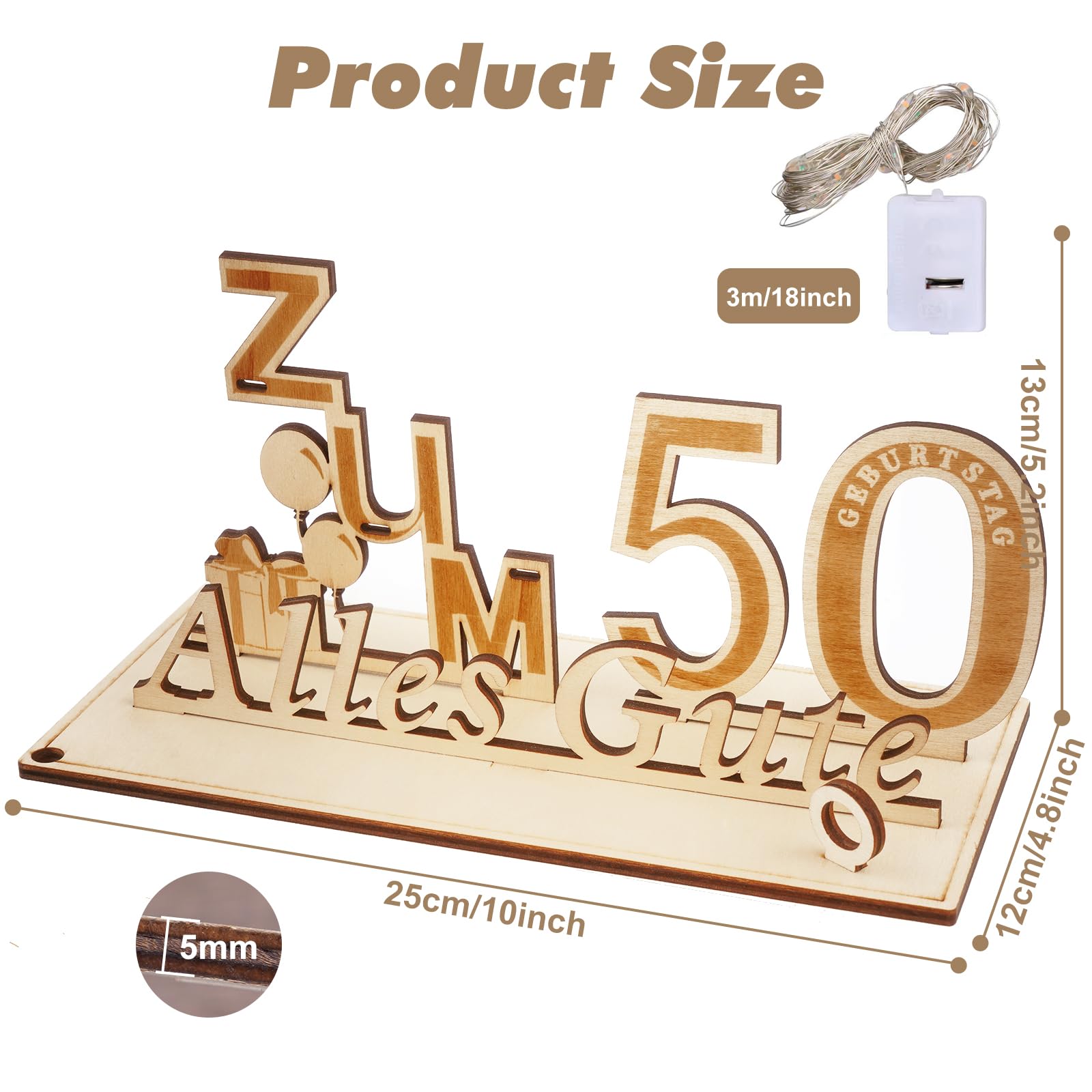 YSWOVUO Regalo di 50° Compleanno Uomo Donna, Libro Degli Ospiti in Legno per Uomo e Donna, Regali d'Argento in Legno con Catena Luminosa LED, Alles Gute