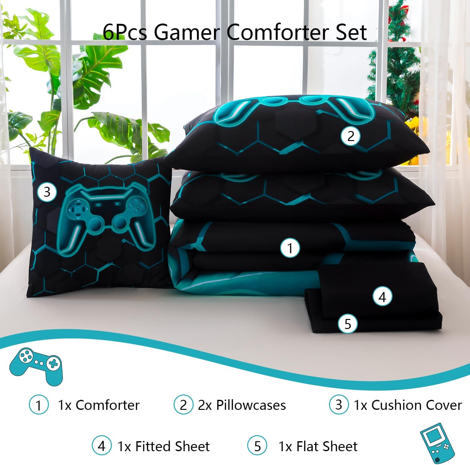 Full Size Gamer Bedding Sets for Boys Girls, 6 Pieces Teal Gaming Comforter Set with Sheets, 3D Game Console Bed in A Bag, Lake Blue Honeycomb Gamepad Kids Bed Set (Teal, Full) - Image 4