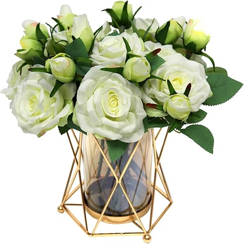 SEPTDECOR Flores de imitación con jarrón, ramo de rosas de seda artificiales en jarrón, arreglo floral de flores artificiales para decoración del