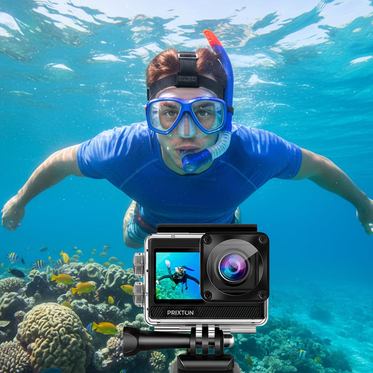 Prixton Caméra Sport 5K DV830 avec Double Écran IPS, 50 MP, Stabilisation EIS, Wi‑FI, Étanche Jusqu’à 30 m, Zoom 5X, Accessoires Inclus