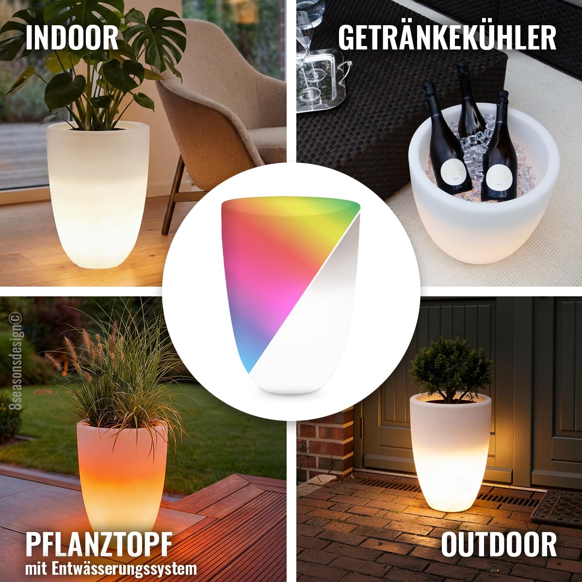 8 seasons Design LED Pflanzkübel mit Farbwechsel, 39 x 51 cm, Shining Curvy Pot M (weiß) E27, RGB, dimmbar, Fernbedienung – wetterfest – beleuchteter Blumentopf für außen (Garten, Terrasse) und innen