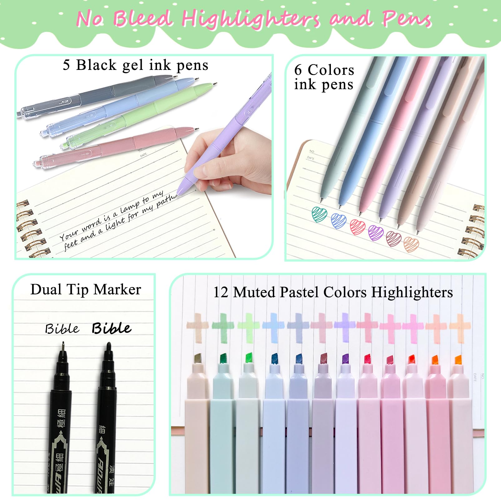 SHINYHARBOR Suministros de estudio bíblico para mujeres y estudiantes, kit bíblico de estudio, accesorios esenciales para el estudio escolar con estuche, bolígrafos y recambios, pestañas de la Biblia