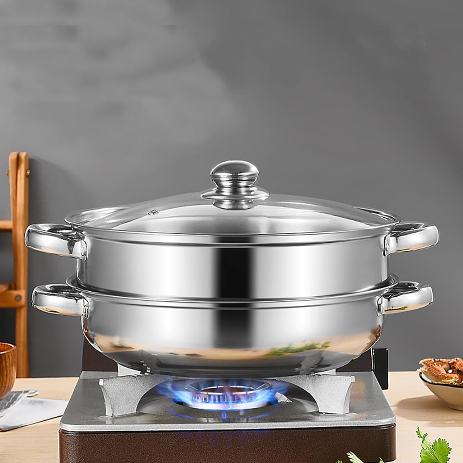 ZENFUN 2.1L Steamer Pot with Steamer Insert, 2 Tier Stack and Steam Pot Set with Glass Lid, Stainless Steel Saucepot Double Boiler Steaming Cookware for Kitcken Cooking, Double Handle, 28CM