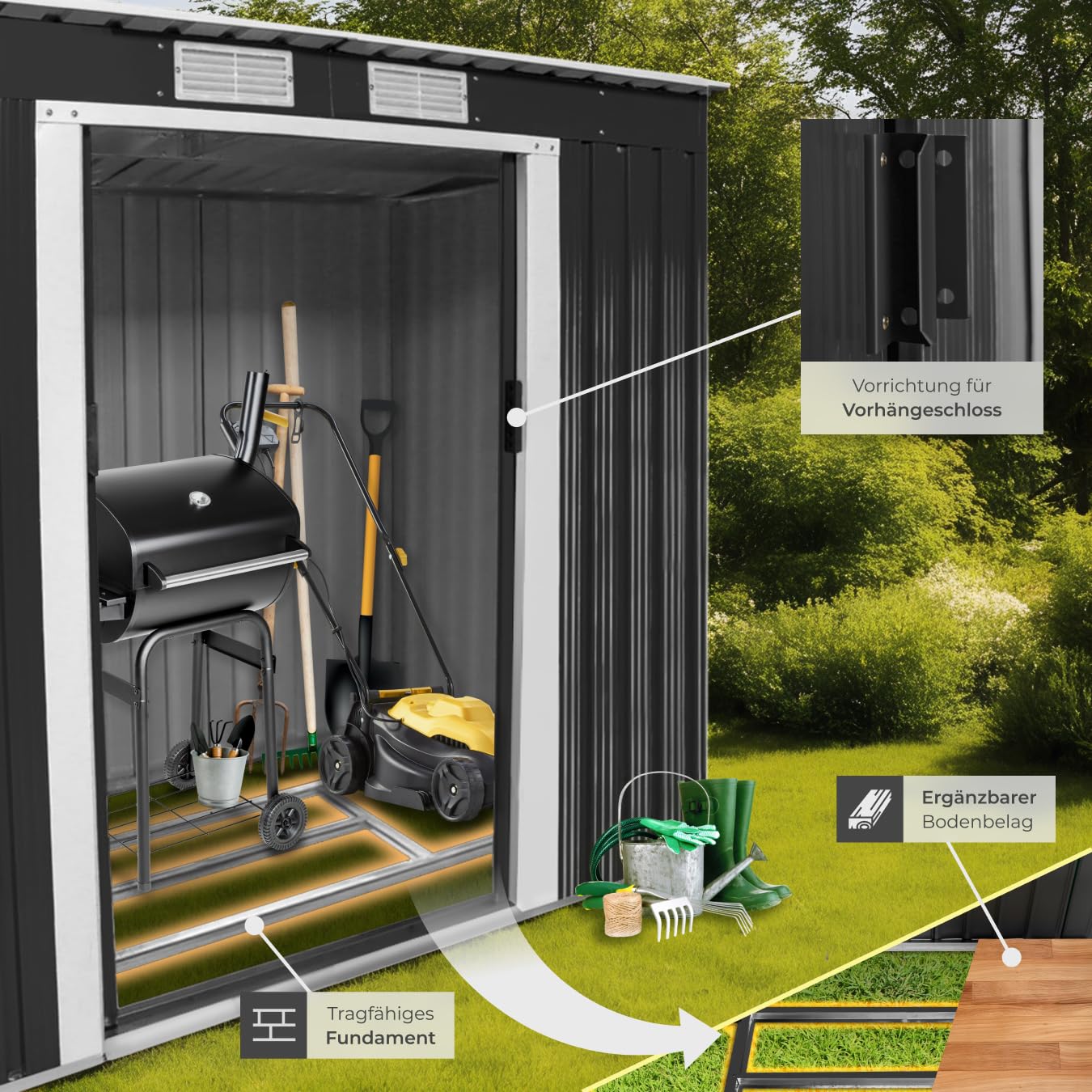 tectake® Metall Gartenhaus mit Schrägdach, Geräteschuppen Garten mit Schiebetür, Gerätehaus mit Metallfundament, als Gartenschuppen, Gartenhütte oder Fahrradgarage, 4 m³ Lagerfläche - grau/weiß