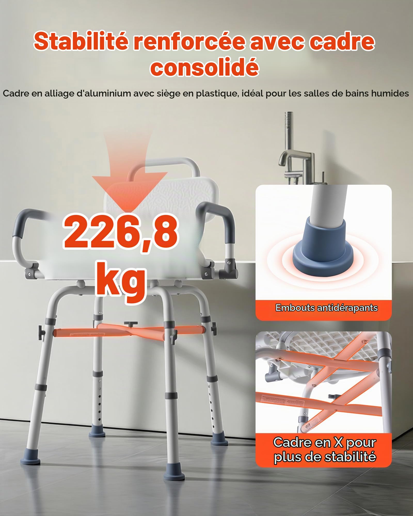 VEVOR Chaise de Baignoire Pivotante, Banc de Transfert Baignoire avec Accoudoirs Relevables et Dossier, Capacité 227 kg, Siège de Douche pour Adultes, Personnes Âgées et Handicapés, Hauteur Réglable
