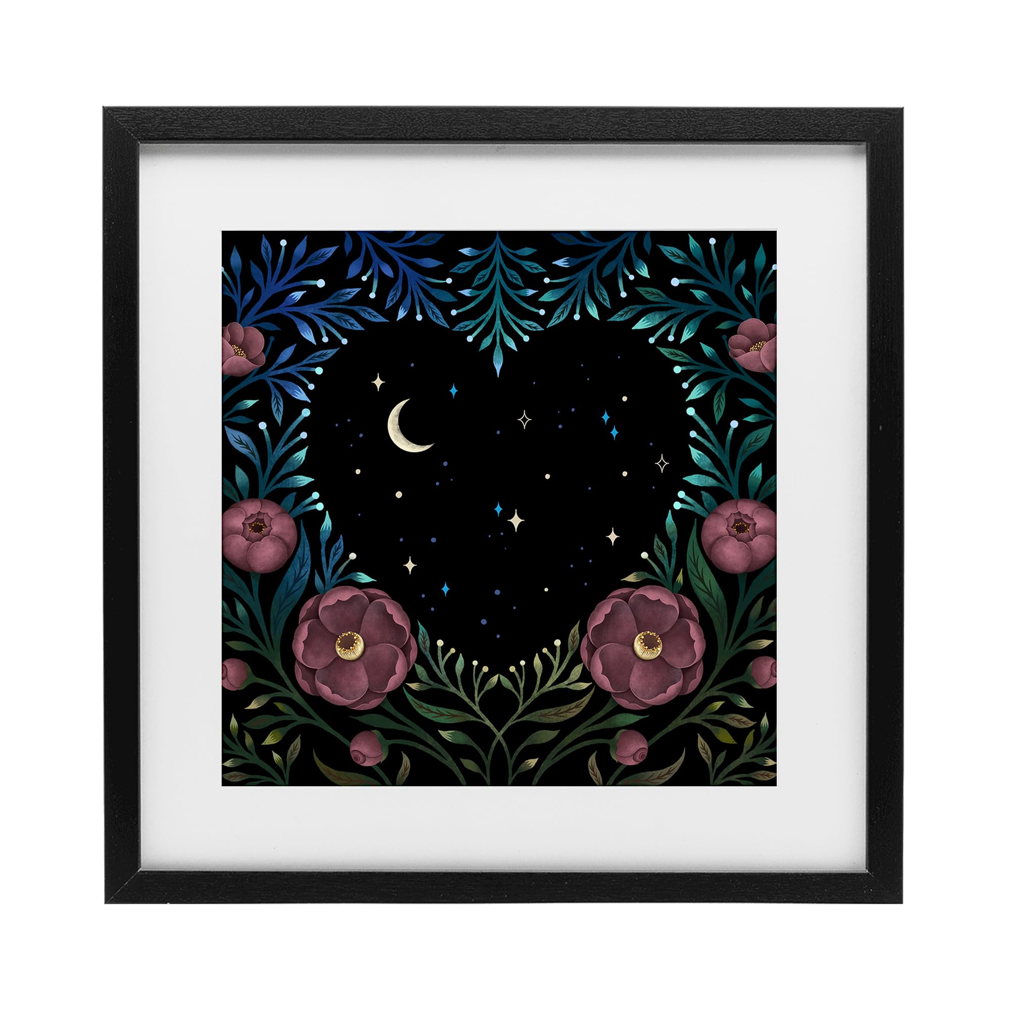 Stupell Industries Midnight Black (Textured) Heart Night Sky Garden, 16 X 16 Inch Framed Print Under Glass