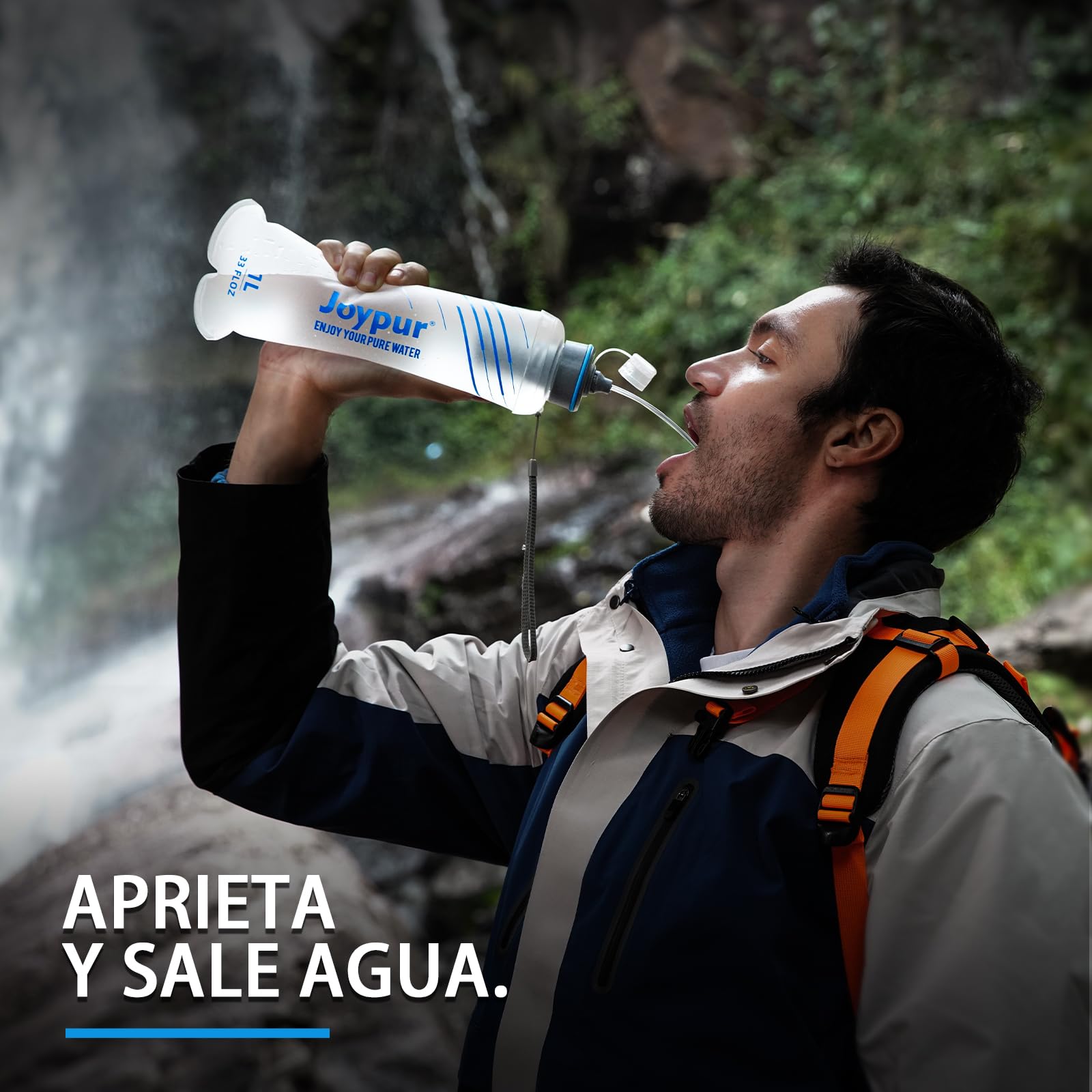 Botella Plegable de 1000 ml con Filtro de 0.01µm, Filtro de Agua Portátil de 5000 Litros para Acampar y Senderismo, Purificador Personal de 100g Ultraligero para Mochila y Viajes (Blanco)