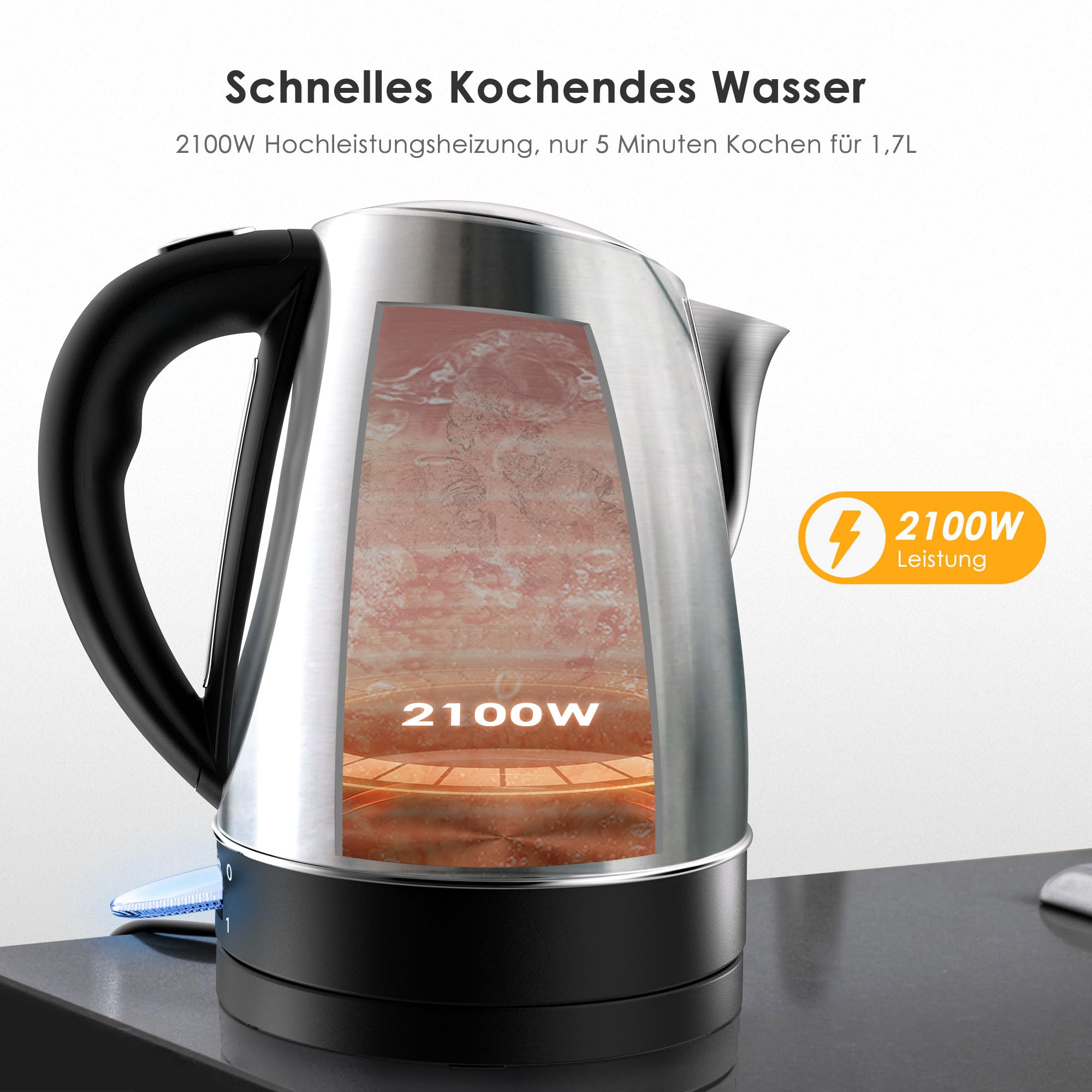 KitchenBoss Bollitore Elettrico in Acciaio Inox 1,7 L：Bollitore Elettrico 2100W, con Filtro Rimovibile, Indicatore del Livello dell'Acqua, Base Rotante a 360°, Spegnimento Automatico