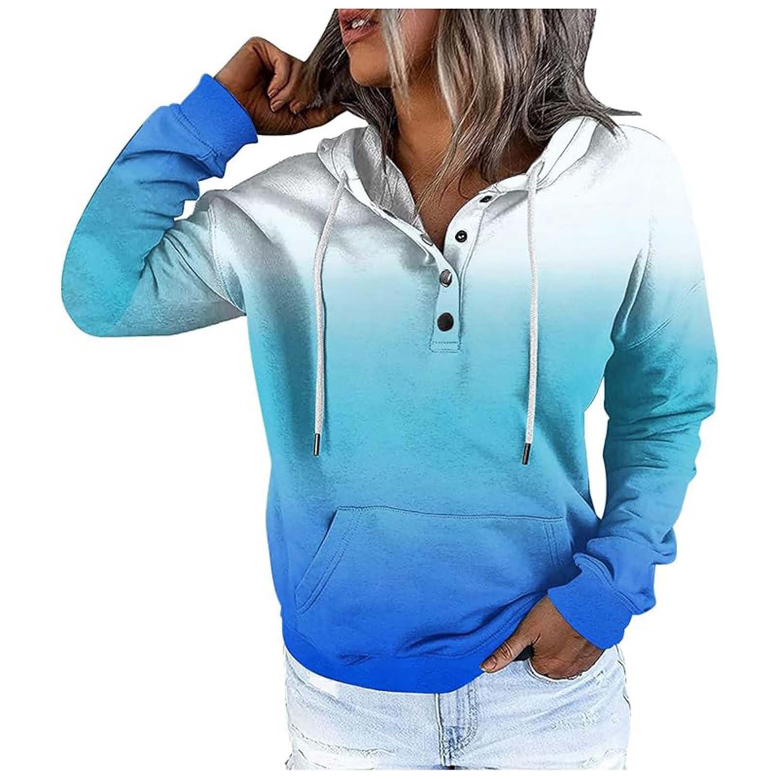 Womens Hooded Sweatshirts Button Gradient Color Block Drastring Hoodies with Pockets Fall Casual Pullover Tops