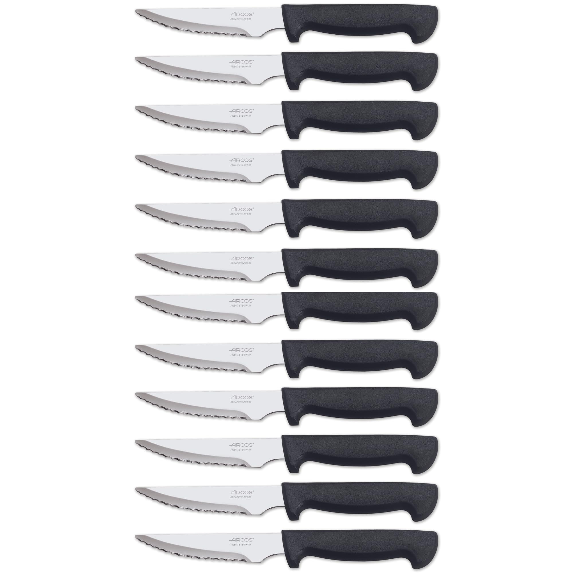 Arcos Cuchillo Mesa | Cuchillo Chuletero | Cuchillo Carne| Cuchillo de Mesa | Pack 12 Unidades| Hoja de Acero Inoxidable115 mm, Mango de Polipropileno Color Negro