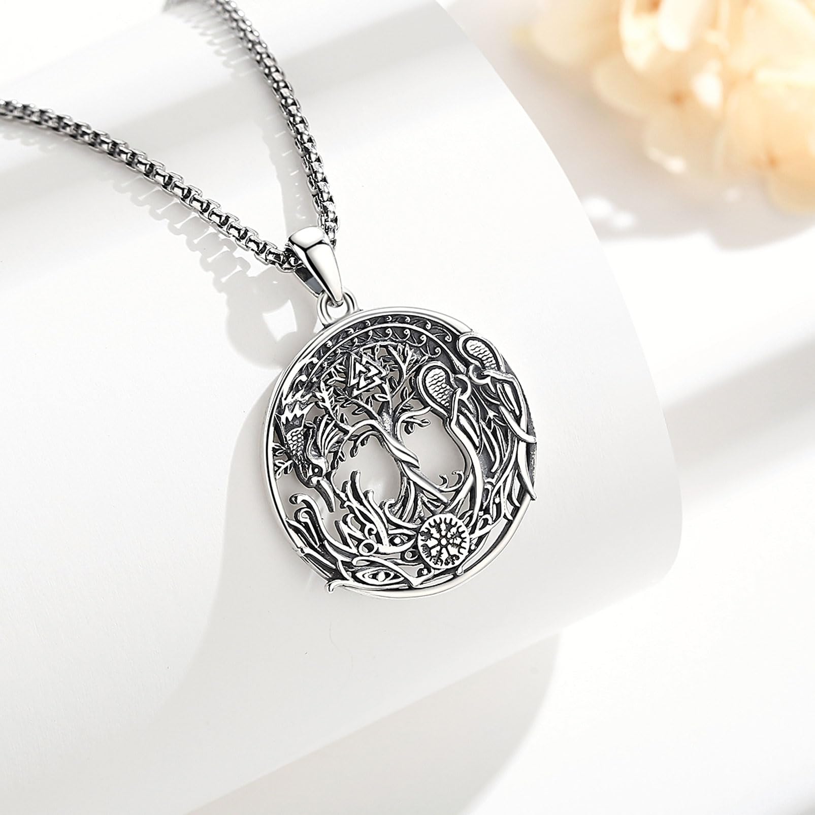 Wikinger Lebensbaum Wolf Mond Kette für Damen Herren Sterling Silber 925, Yggdrasil Phönix/Drachen Mond Triskele Anhänger Nordische Mythologie Schmuck Geschenk für Frauen Herren