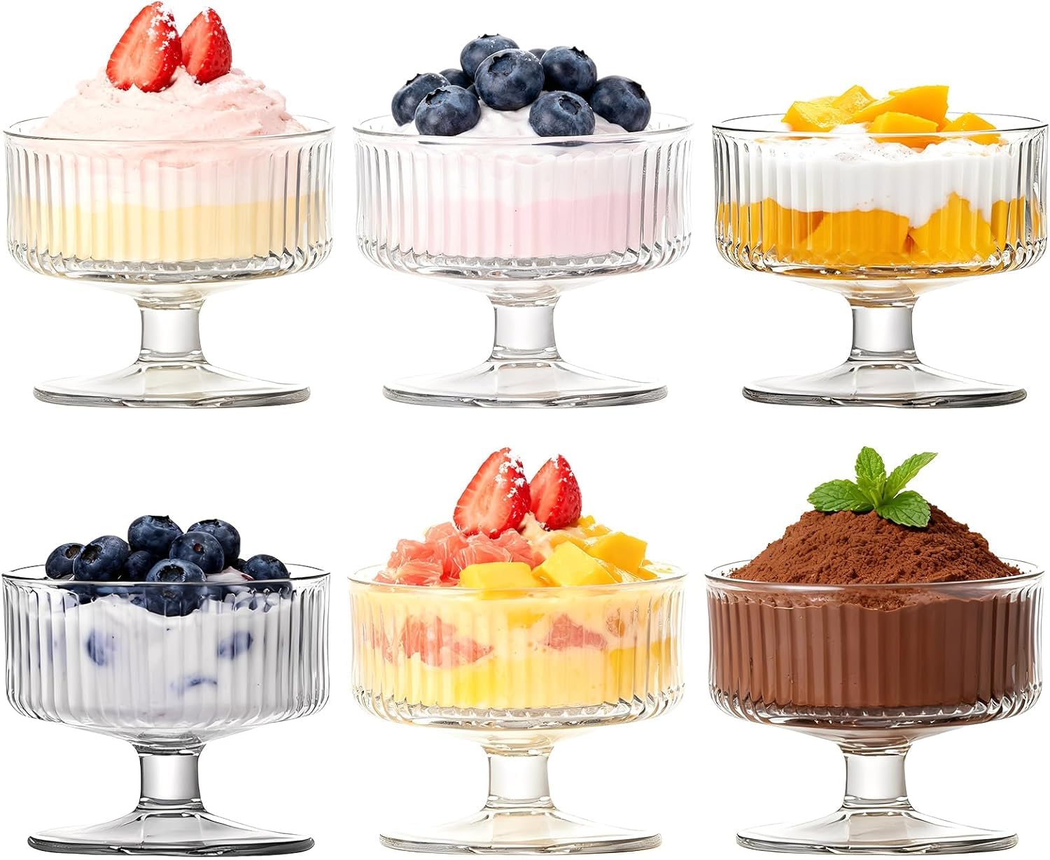 Haayymo Glass Dessert Bowls Sundae Ice Cream Set of 6, Short Stemmed Cocktail Glasses Appetiser Fruit Salads Pudding Dishes Footed Dessert Sundae Cocktail Bowls