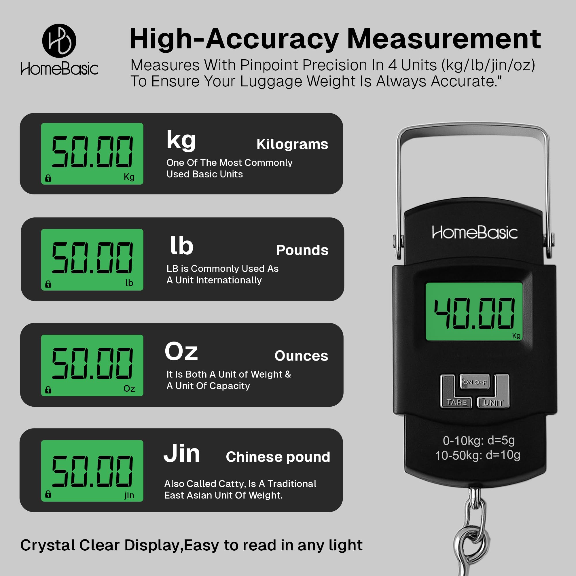 HomeBasic Digital Luggage Weight Scale 50kg | Weighing Machine for Luggage Bags, 4 Weighing Modes (kg/lb/oz/jin), LCD Display, Tare Function, Auto-Off, Portable Travel Weighing Scale (Black) 1