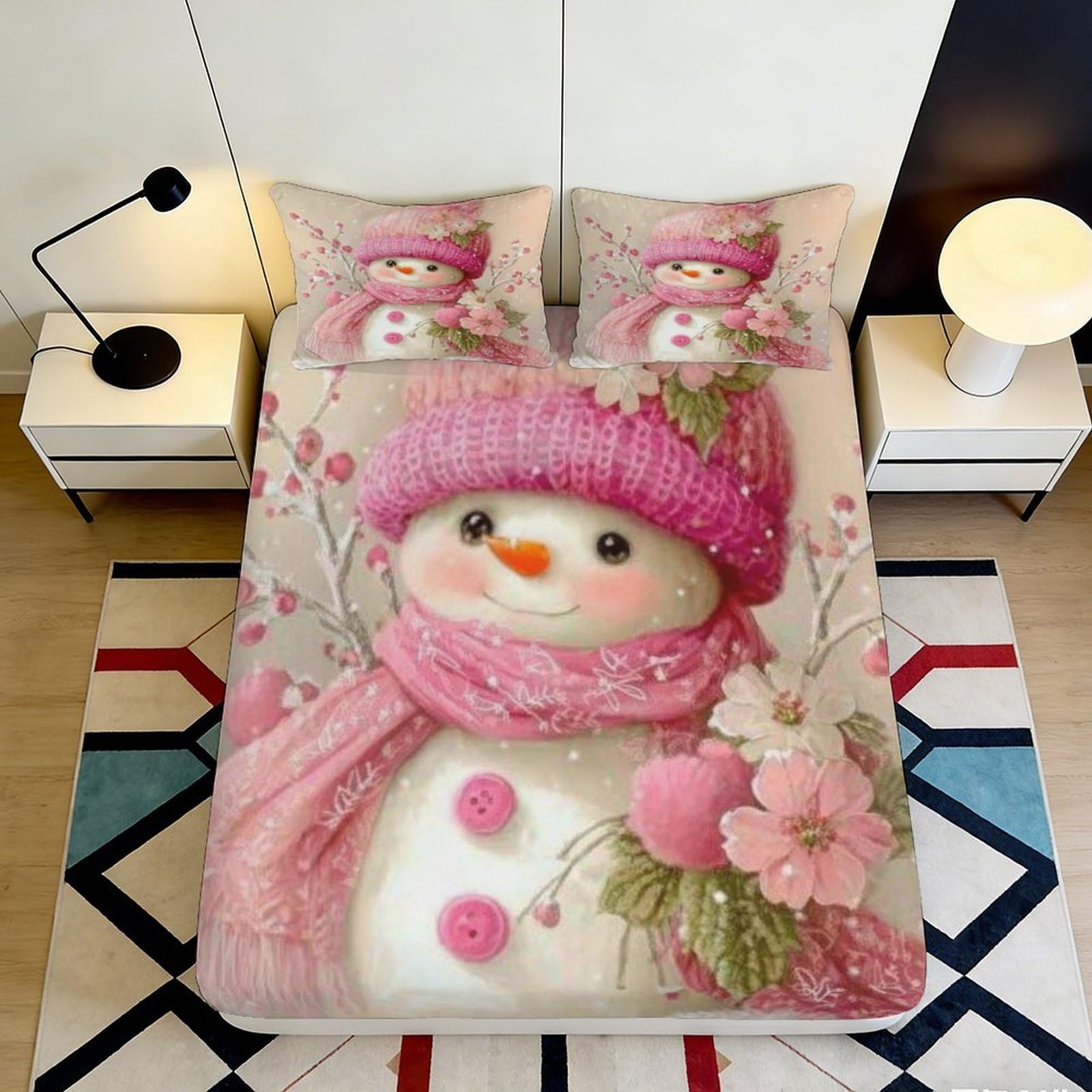 3D Printed Pink Snowman Fitted Sheet Microfiber Soft Touch Wrinkle Resistant Apartment Bedding Cover for Bedroom Guest Room Decor 100-120 90x200x25cm