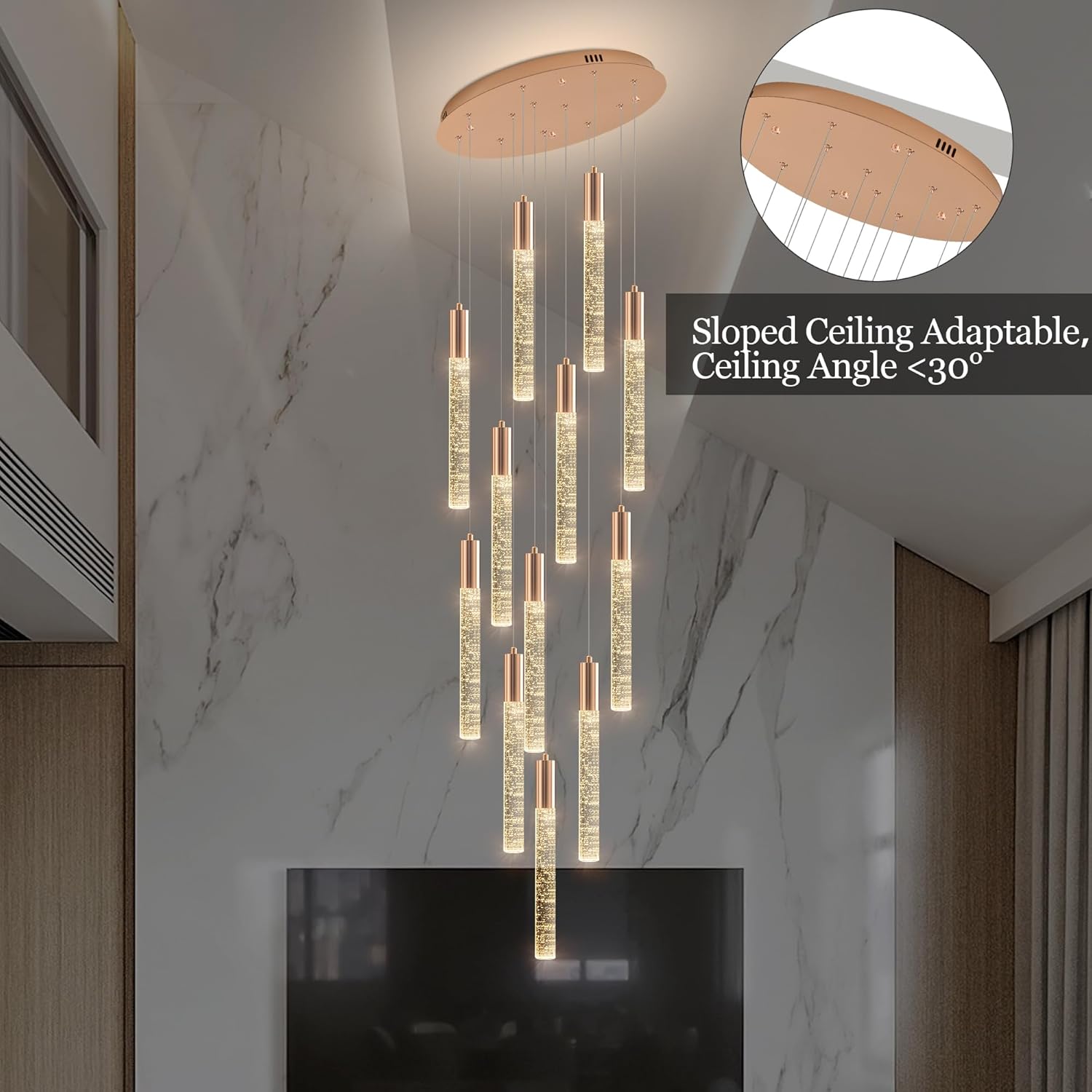 Modern High Ceiling Crystal Chandelier 12-Lights, Large Spiral LED Raindrop Foyer Pendant Lighting, Bubble Staircase Living Room Hanging Light Fixture Flush Mount Gold